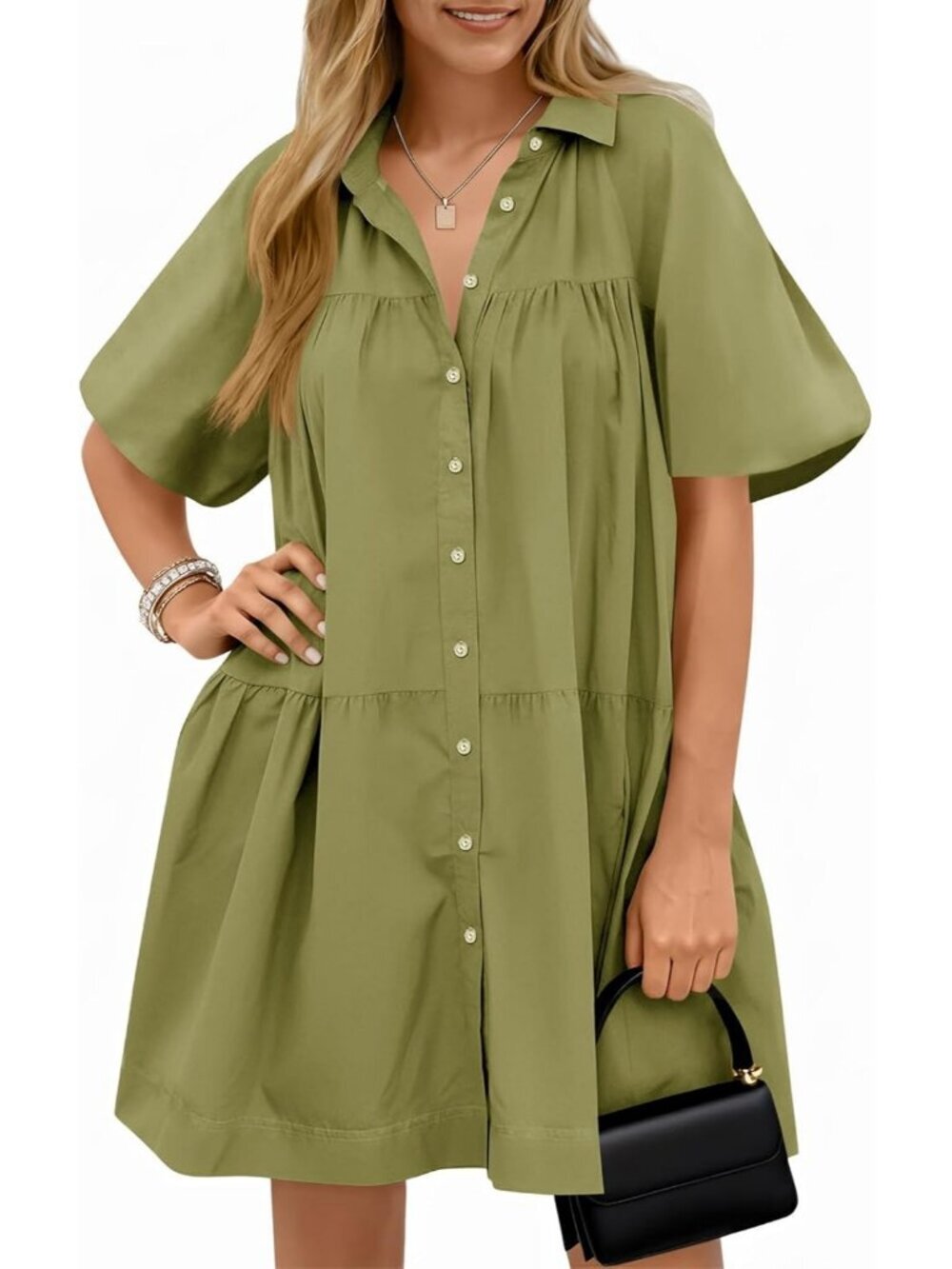 Women's Summer Button Down Shirt Dress Army Green Floral Short Sleeve Mini Dress
